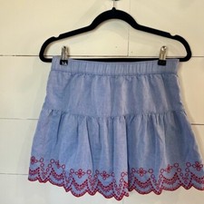 Vineyard Vines Chambray Mini Skirt Sz XS Pull On Embroidered Scalloped Blue Red
