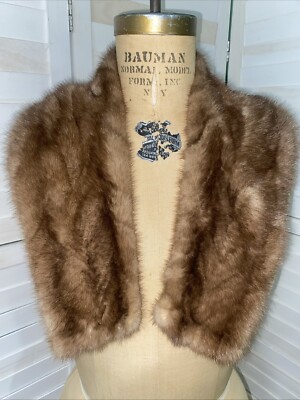 Vintage Light Brown Mink Fur Collar Scarf Shawl Lined Snaps 35  Curved