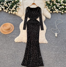 Rhinestone Square Neck Long-sleeved Slim Dress Women's Party Club Long Dresses
