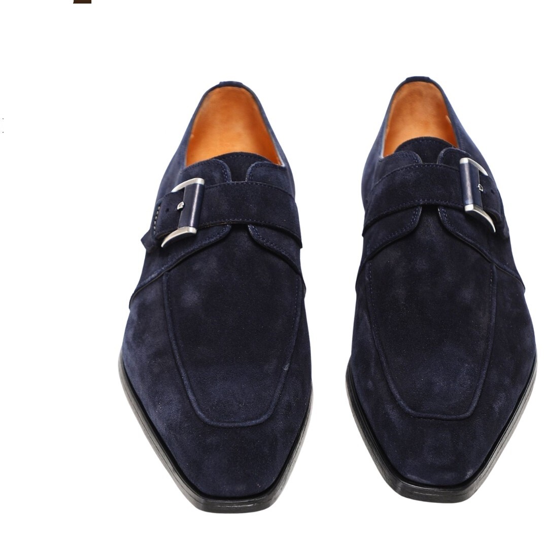 Handmade Men Blue suede Dress Shoes, Men navy blue suede buckle