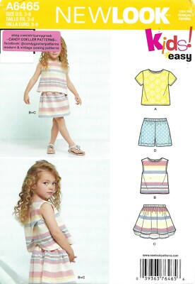 New Look 6465 Kids' Cross-Back Top, T-Shirt, Skirt & Shorts Sz 3-8 UNCUT Pattern