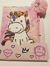 Plush Unicorn Journal/Diary with Pom Pom Pen New in Package Furry w/Sequins Fun!