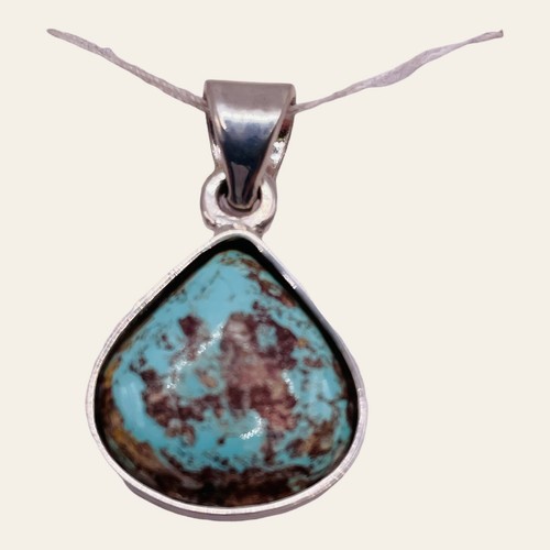 Persian Blue Turquoise Untreated Matrix Pendant 925 Sterling Silver (0709) - Picture 2 of 9