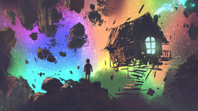 Wandbild: Nachtlandschaft des Jungen und ein Haus an einem fremden Ort, [...]