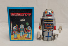 VINTAGE TIN LITHO WIND UP MECHANICAL WALKING ROBOT-7, WITH BOX, WORKS