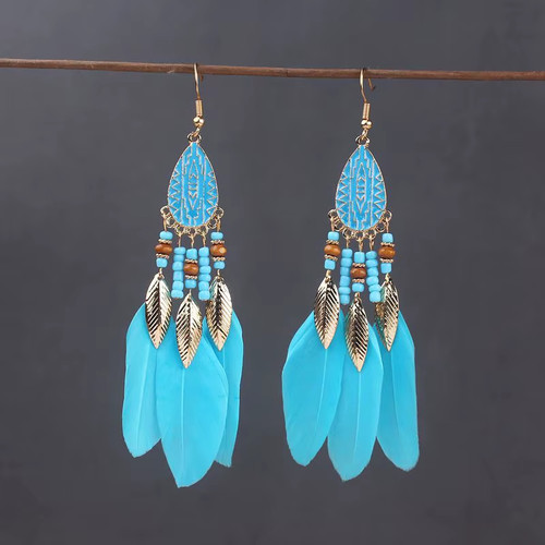 Boho Feather Dangle Earrings Women Long Tassel Beaded Flower Beach Jewelry