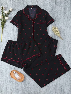 3 piece set with ruffled cherry pattern: short sleeve cardigan, shorts cheap24