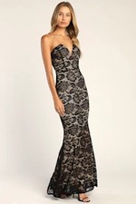 Lulus Sexy Sophistication Lace Strapless Trumpet Maxi Dress Black M