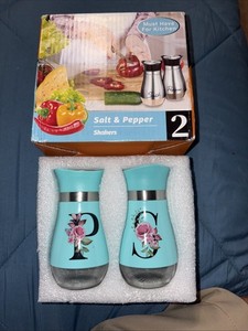 Teal Flowered Salt And Pepper Shakers, Glass Bottom’s