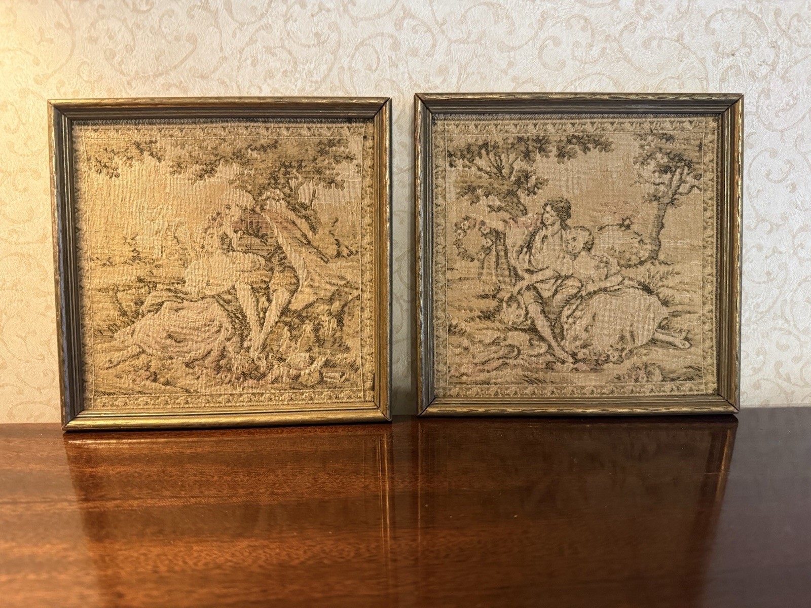 Set Of 2 Antique French Romantic Tapestry Panel Pictures Courting Couple