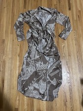 Fashion Nova Geometric Satin Maxi Dress Brown White Collared Tie Long Sleeve M