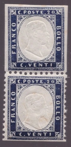 Italy Kingdom, 20 c. indigo 1862 new pair ** with rare variety -IH58