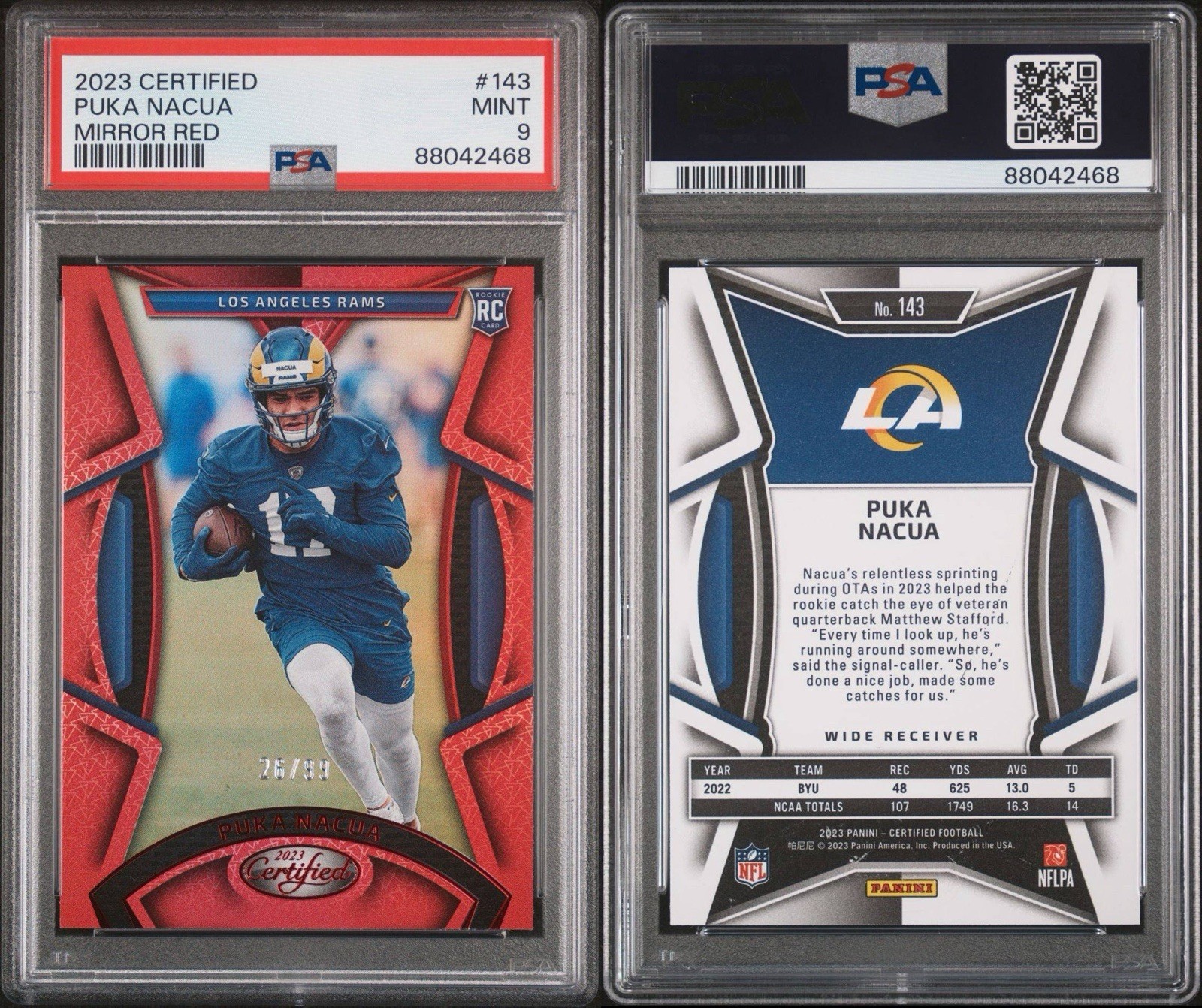 2023 Panini Certified Rookies Puka Nacua #143 Mirror Red /99 (RC) PSA 9