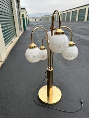 vintage brass waterfall table lamp- etched glass globe-shaped shades