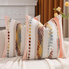 Boho Tufted Throw Pillow Covers 18x18 Set of 2 Striped Decorative Pillow Cases A