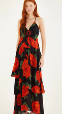 Farm Rio Black Latin Roses 3D Flower Layered Maxi Dress NWT Sz XS $398