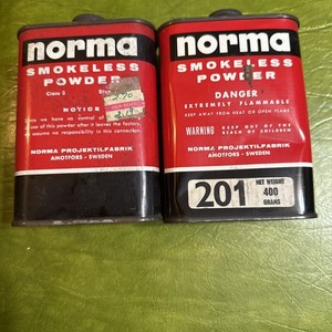 2 Vintage Powder Cans Norma  Smokeless Powder Sweden EMPTY Tins Red Black