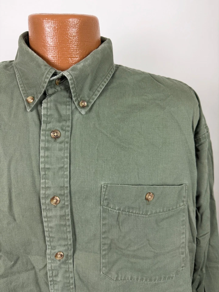 Camisa abotonada vintage años 90 para hombre XL talla grande verde oliva algodón mínimo peso medio Foto 3 de 4