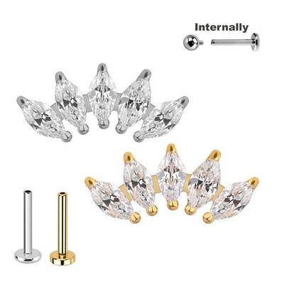 1,2mm Titan Labret 5 Ovale Kristalle Bogen Ohr Helix Conch Piercing Gold Innenge