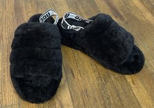 UGG Oh Yeah Women s Black Sheepskin Shearling Slide Slippers Logo Strap US 8