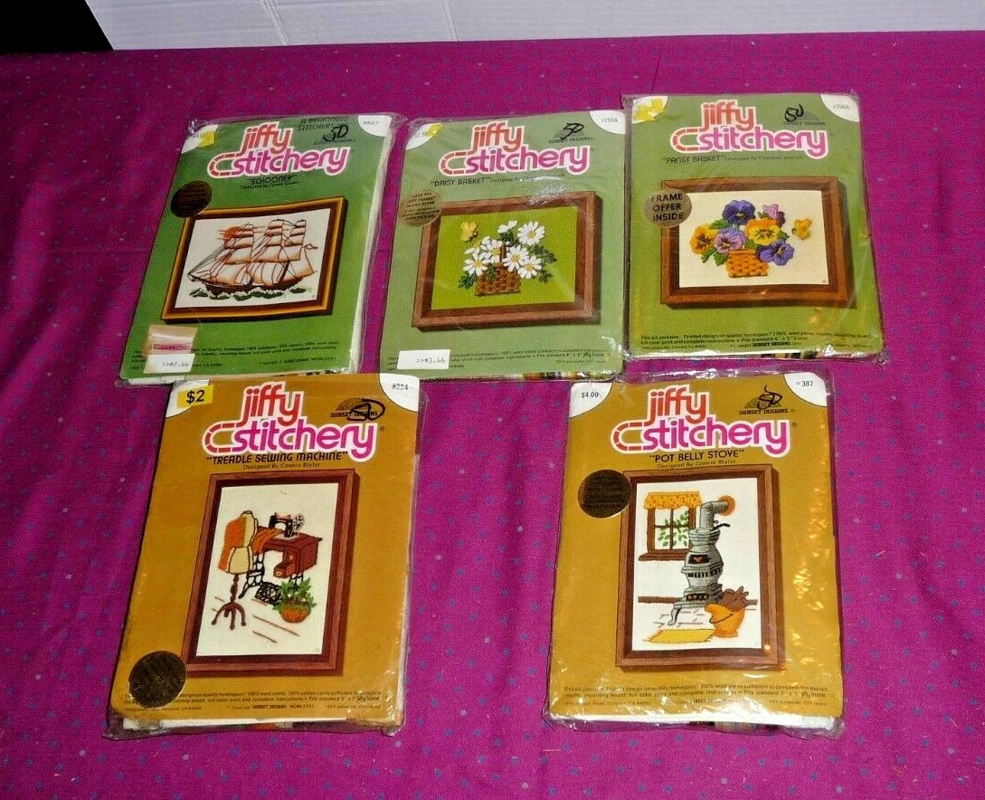 4 Vtg Jiffy Stitchery Schooner, Daisy, Pansy Basket, Pot Belly Stove Crewel  Kit | eBay