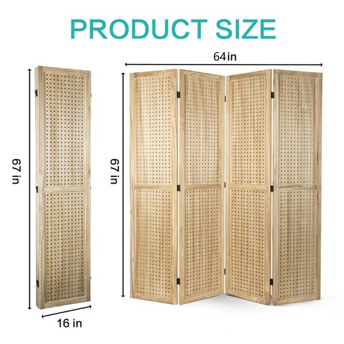 4 Panel Wood Room Dividers Pegboard Display Freestanding Folding Privacy Screens - Picture 4 of 9