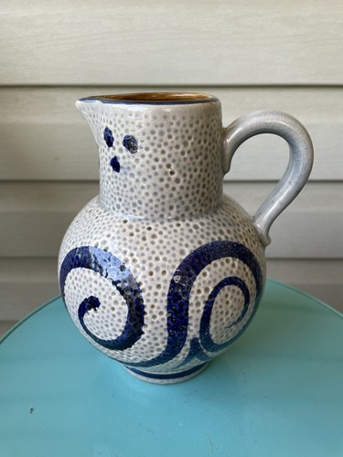 Vintage West Germany Blue Swirl Textured Salt Glaze Stoneware Pottery Pitcher 7"