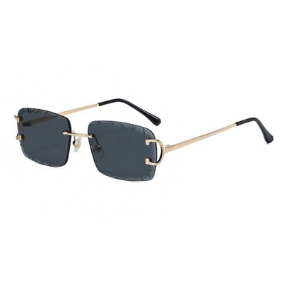 Rimless  Hip Hop Men's Gem Cut Black Tint Luxury Gold Frame Rectangle Sunglasses