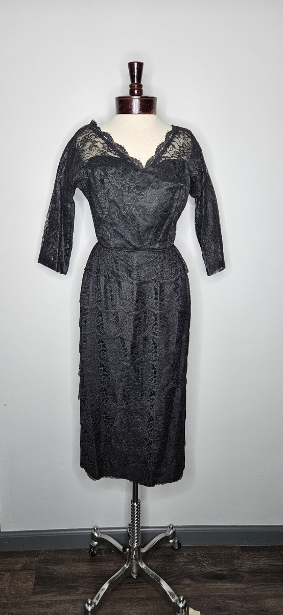 Vintage 1960s Ferman O'Grady Black Lace Tiered Cocktail Party Dress S