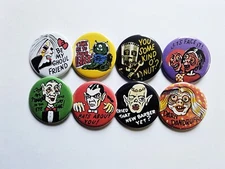 Vintage Reproduction Horror Pinback Buttons Magnets & Bottle Openers. Set 02