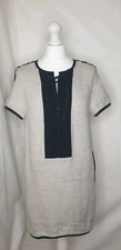 Mango Linen PU Tie Front Beige Black Trim Tunic Shift Smart Casual Dress S