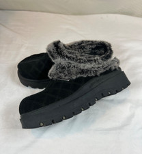 Skechers Womens 6.5 Shindig Fortress Mule Black Suede Shoe Faux Fur Y2K Platform