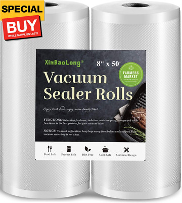 Vacuum Sealer Bags for Food，Seal a Meal Bags Rolls，8inx50 Rolls 2 Pack，，Commerci