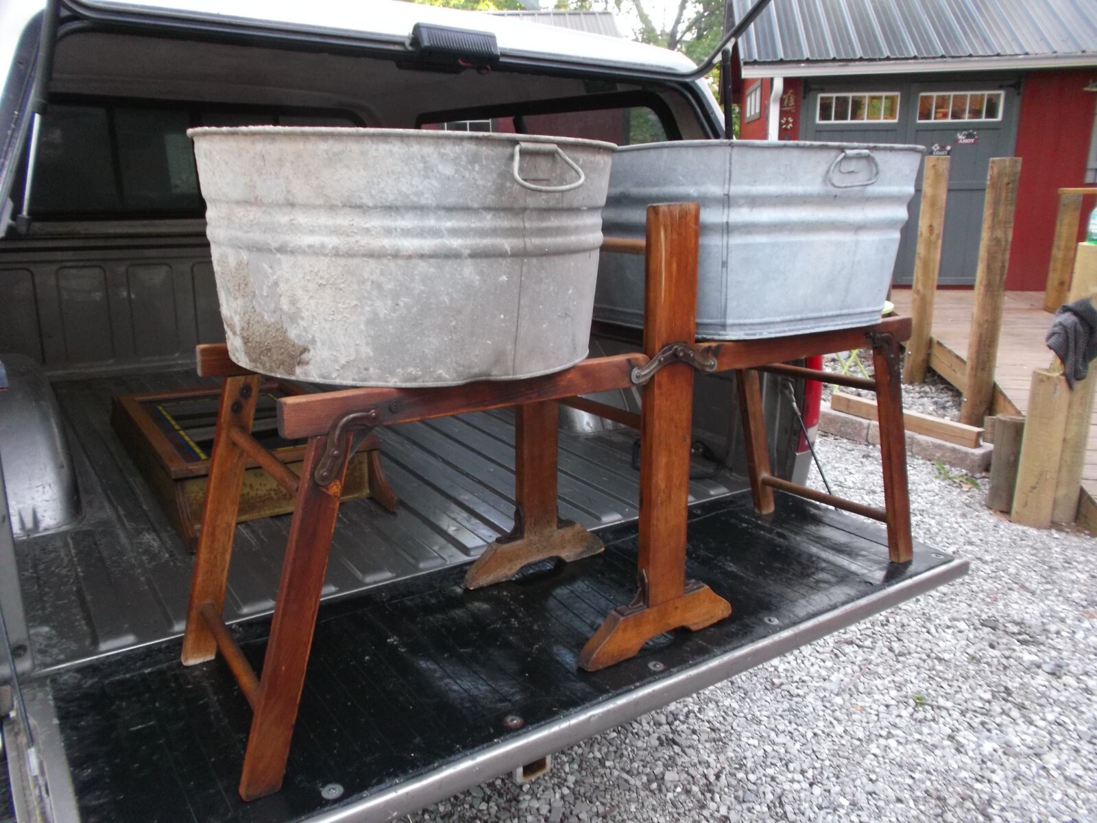 Antique Primitive 1895 Wooden Clothes Wash Tub Folding Bench Stand With