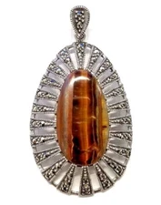 Large TIGERS EYE PENDANT w/ Vintage Marcasite Stones .925 STERLING SILVER 