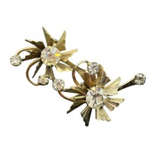 Vintage gold tone rhinestone sunburst flower screw back earrings