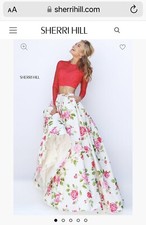 SHERRI HILL Floral Crop Long Sleeve Empire Dress Sz 6 Sequins Pink Lace Fringe