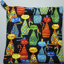 Deluxe Hot Pad/ Pot Holder: CATS IN PAJAMAS: Black/ Red/ Yellow/ Green: Quilted