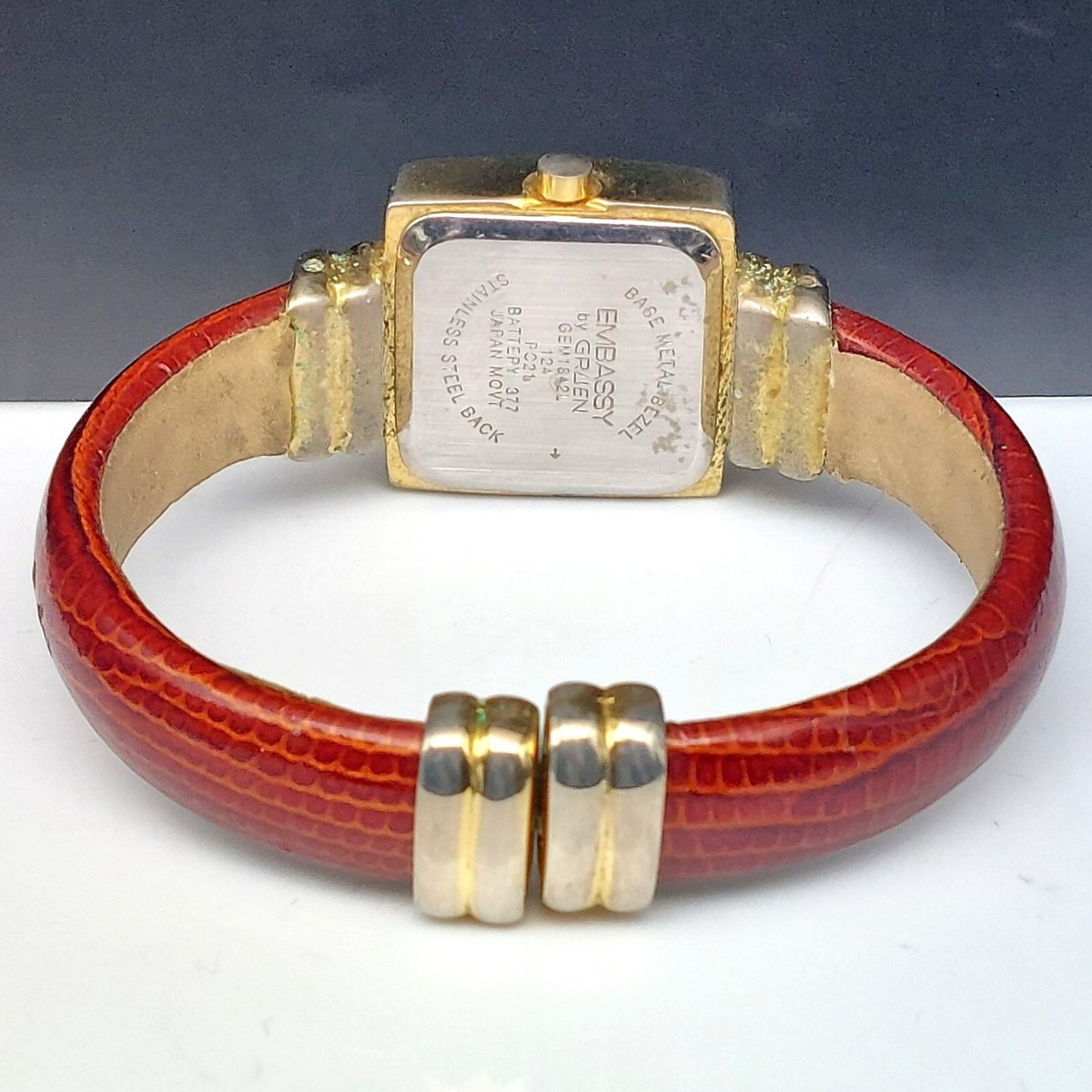 Gruen CR7183 Mother of Pearl Dial Red lucite Bezel Two Tone Bangle Watch Ladies Gruen Watch Crystals & Mother of Pearl Quartz two  main image 2