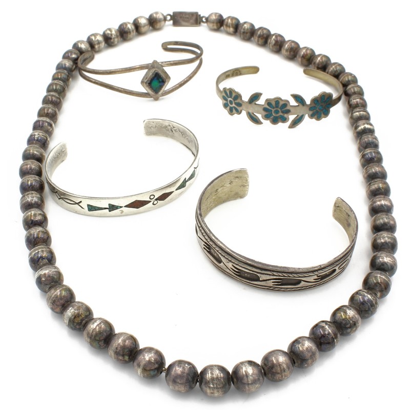 Southwest Sterling Turquoise Red Coral Inlay Cuff & Necklace Lot of 5 #S5616-4