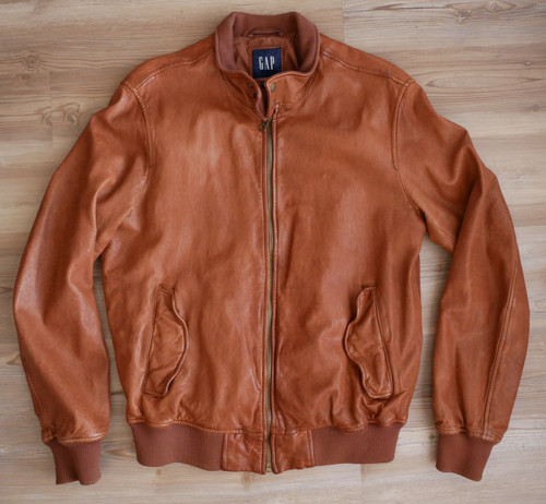 Vintage 90s GAP Brown Leather Bomber Jacket Racer Moto Large - Image 1