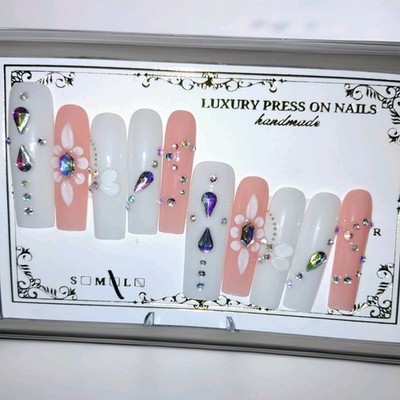  White Pink Extra Long Square 3D Diamond Shiny Press-On Nails Full Cover