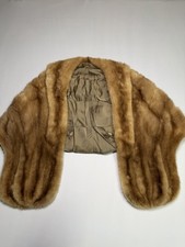 Vintage Mink Fur Stole Shawl Wrap Brown Tan Satin Lined Pockets Cape