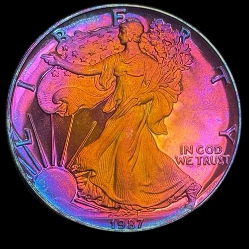 American Silver Eagle Proof 1987 .999 Silver Monster Rainbow Toning Uncirculated