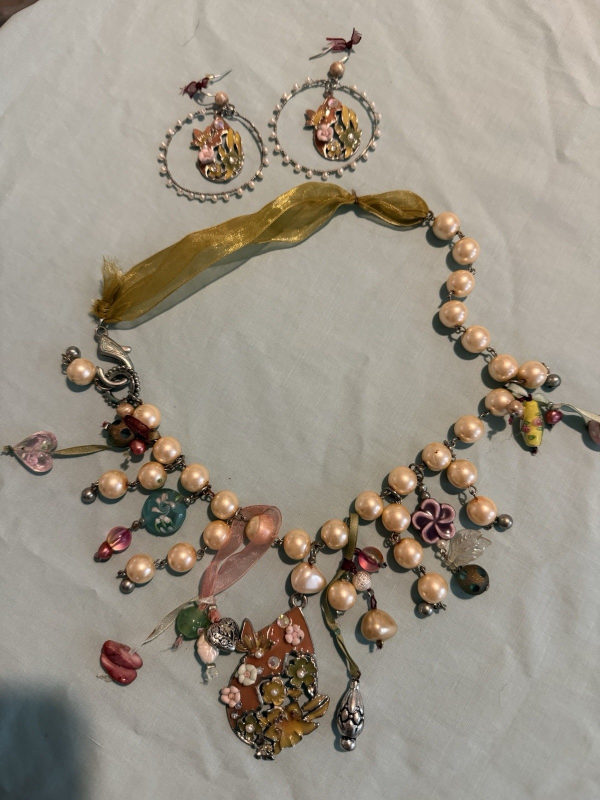 Multi Colored Dangle Statement Necklace And Earri… - image 1