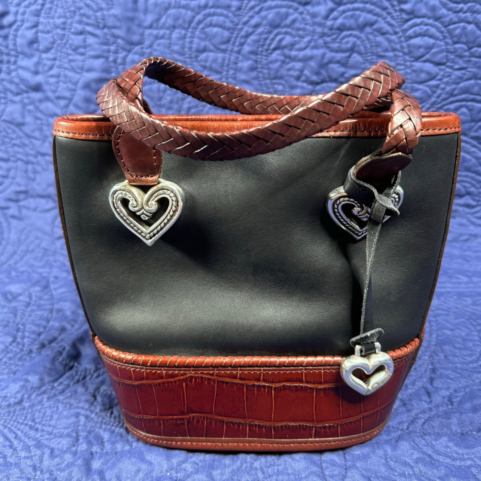 Vintage Mini Brighton Black Leather Heart Charm Bucket Tote Bag