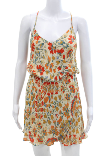 Haute Hippie Womens Silk V Neck Ikat Print Mini Dress Beige Multi Size XS