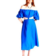 FARM RIO Linen Dress Med Blue Cut Out Off Shoulder Boho Artsy Coastal Nautical