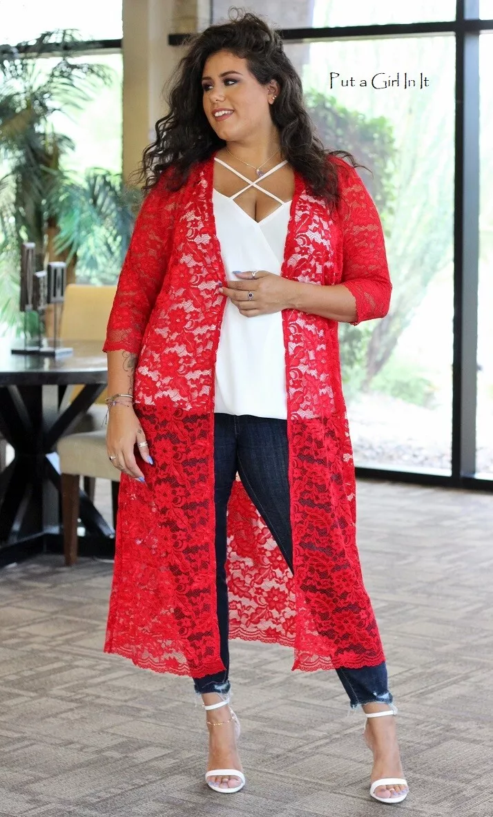 New PLUS SIZE Womens RED FLORAL LACE KIMONO WRAP CARDIGAN DUSTER XL 1X 2X 3X