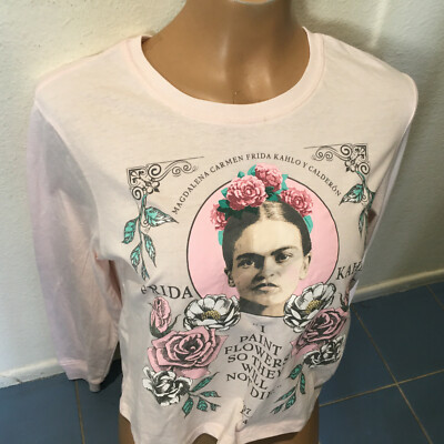 Frida Kahlo I Paint Flowers Graphics Long Sleeve PINK TShirt - Women's Sz M
